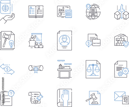 Legal department outline icons collection. Lawyer, Attorney, Litigation, Court, Compliance, Regulation, Contract vector and illustration concept set. Document, Statute, Jurisdiction linear signs