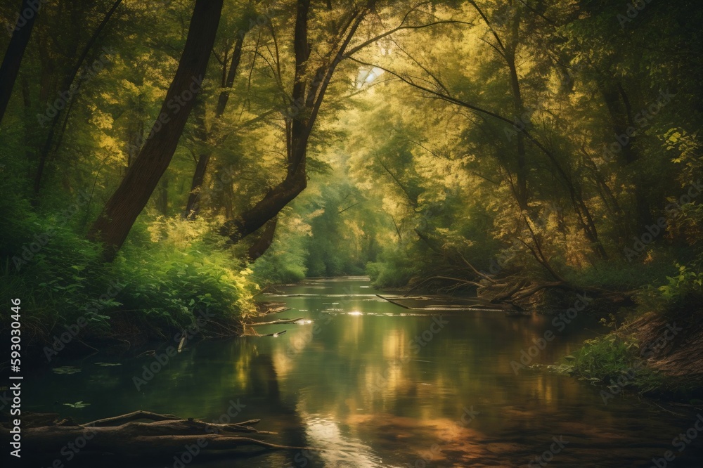 Fototapeta premium view of an idyllic river in the middle of the forest created with Generative AI technology