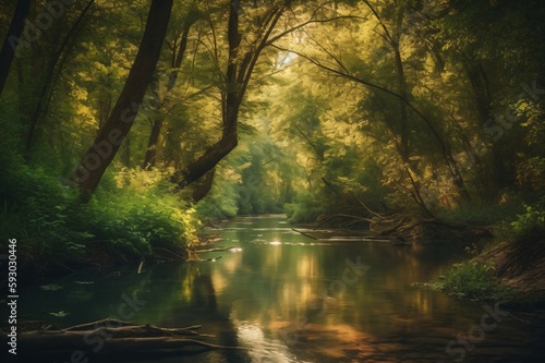 view of an idyllic river in the middle of the forest created with Generative AI technology