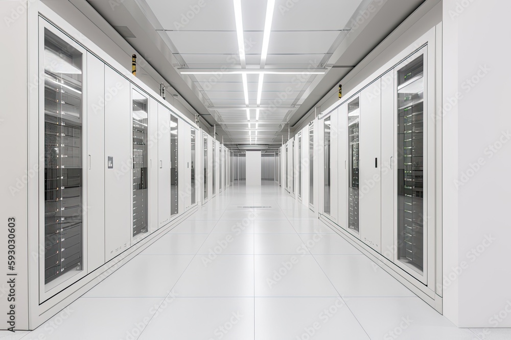 Imagine a data center corridor with several supercomputers and rack servers. Generative AI