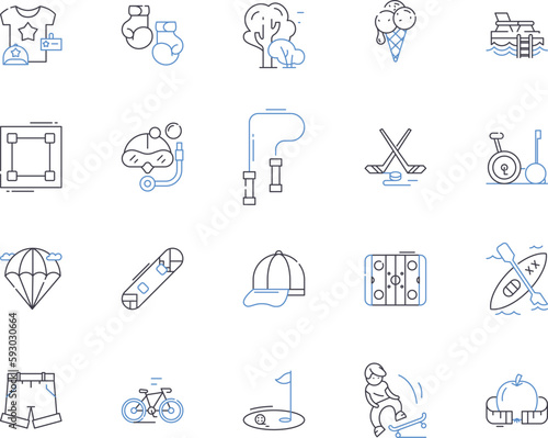 Summer andactivities outline icons collection. Swimming, Hiking, Camping, Boating, Surfing, Fishing, Kayaking vector and illustration concept set. Biking, Climbing, Sunbathing linear signs