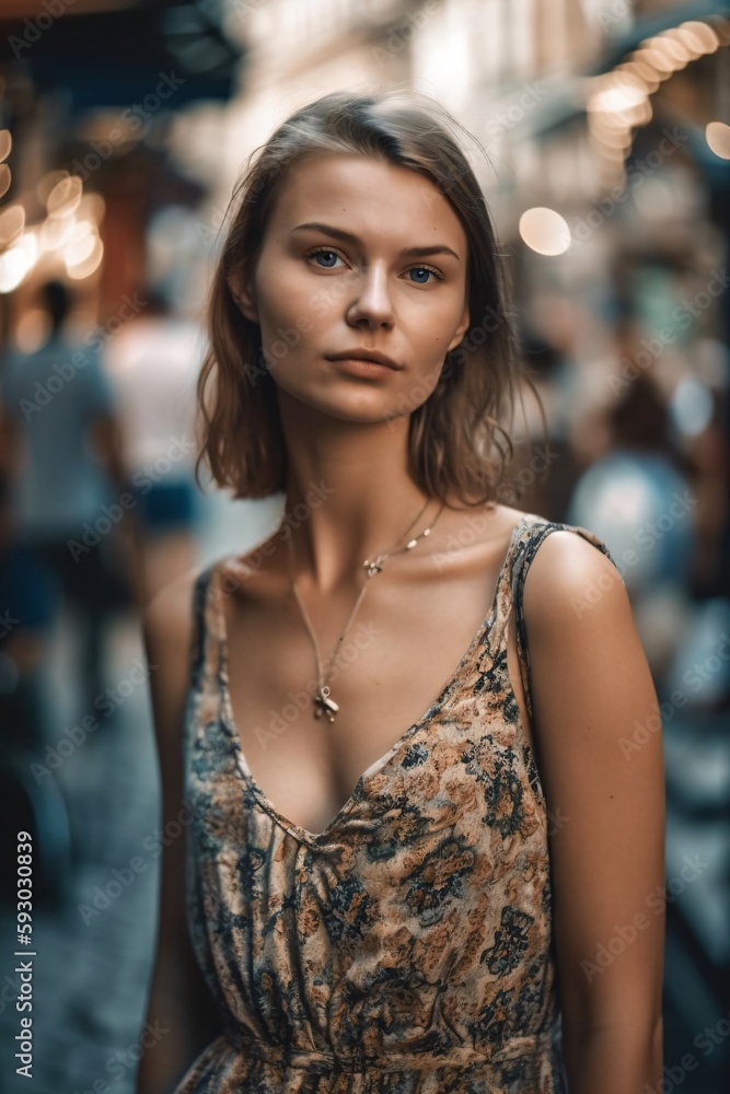beautiful young woman with blue eyes in summer dress with v neckline created with Generative AI technology