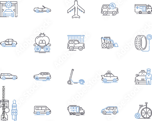 Vehicles outline icons collection. Cars, Trucks, Buses, Motors, Boats, Motorbikes, Scooters vector and illustration concept set. Vans, Lorries, Trailers linear signs