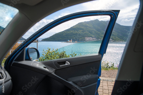 View from the car window on the island of Gospa od Skrpjela in Montenegro