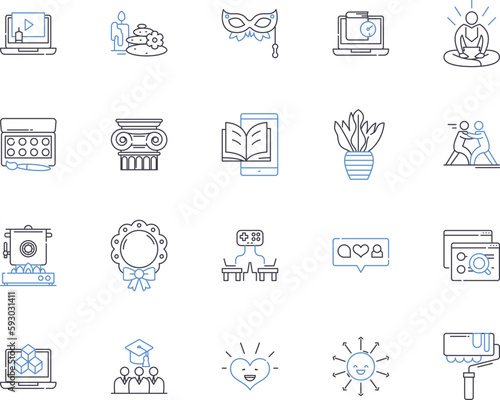 performance art outline icons collection. Performance, Art, Theatre, Dance, Music, Visual, Installation vector and illustration concept set. Activism, Poetry, Puppetry linear signs