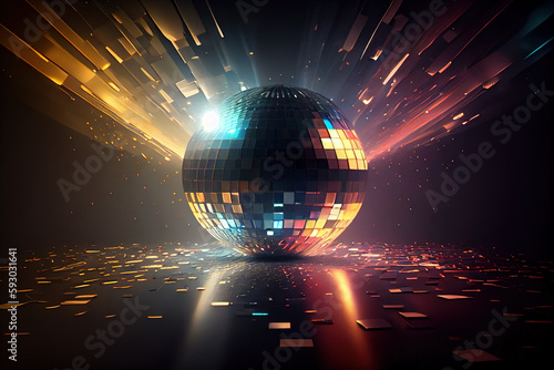 shining in lights, glittering, bright disco ball on dance floor