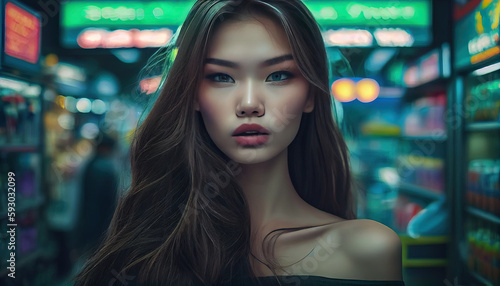 beautiful oriental model girl in futuristic supermarket, portrait, closeup