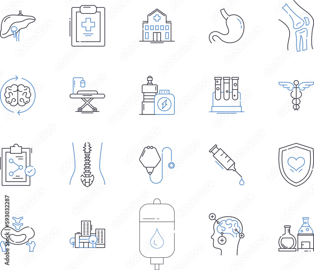 Fototapeta premium Medical centre outline icons collection. Clinic, Hospital, Health, Medical, Centre, Care, Treatment vector and illustration concept set. Diagnosis, Physician, Surgery linear signs