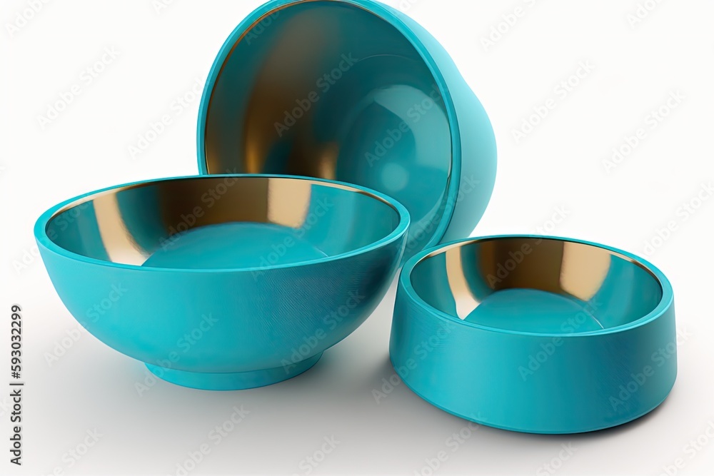 Blue bowls for pet food in a set, isolated on a white backdrop. Generative AI Blue bowls for pet food in a set, isolated on a white backdrop. Generative AI