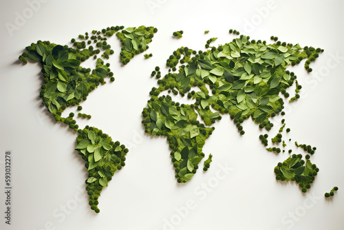 the world map made out of green leaves, with text overlay that reads how to make your business more sustainable. Generative AI