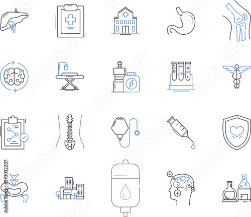 Medical centre outline icons collection. Clinic, Hospital, Health, Medical, Centre, Care, Treatment vector and illustration concept set. Diagnosis, Physician, Surgery linear signs