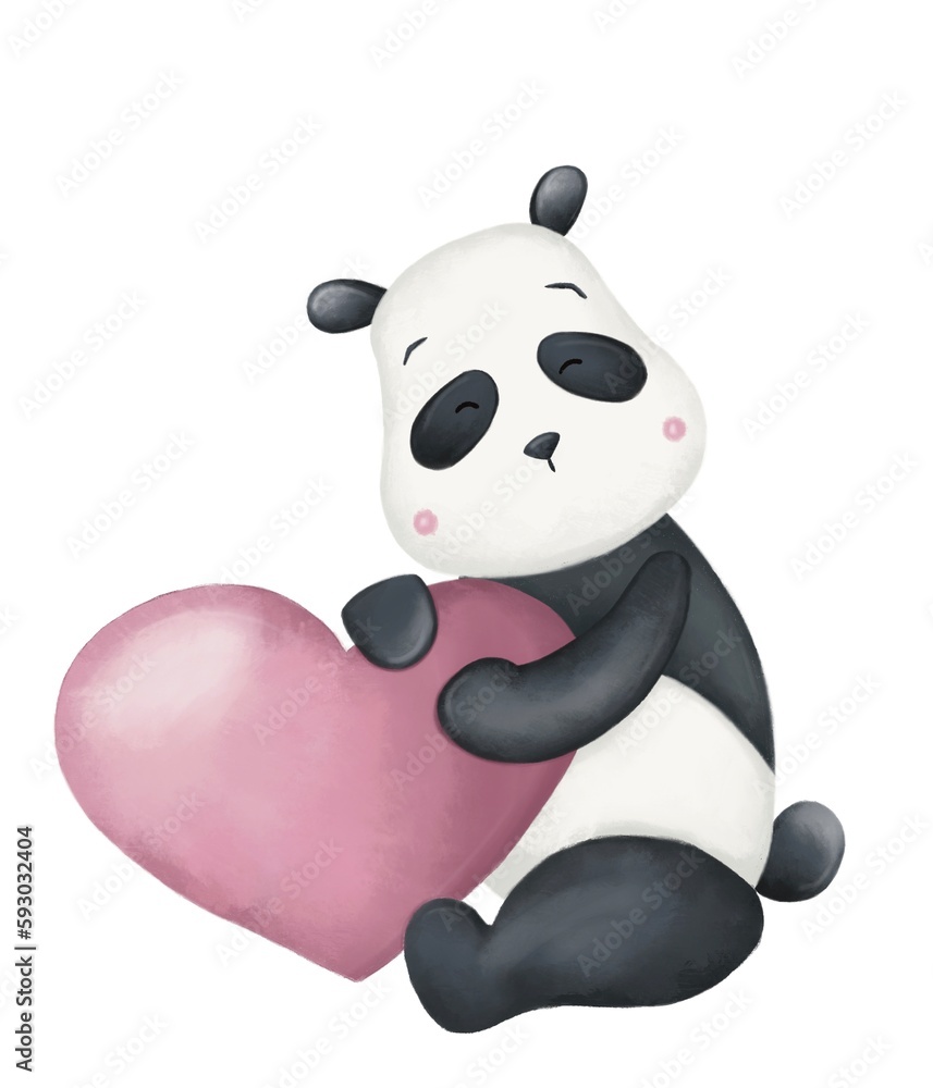 Naklejka premium Cute watercolor panda with a big pink heart, clipart panda on white background 