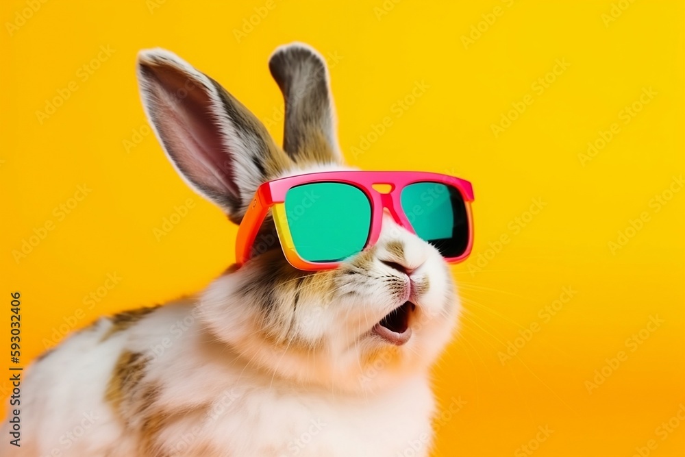 Bunny open mouth with sunglasses on colorful background. Generative AI