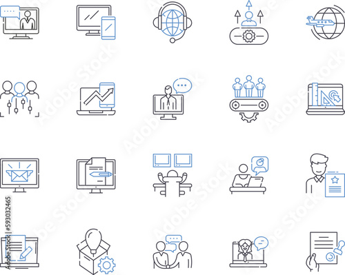 Corporation teamwork outline icons collection. Cooperation, Collaboration, Synergy, Synchronization, Coordination, Groupwork, Collectiveness vector and illustration concept set. Jasmine, Alliance