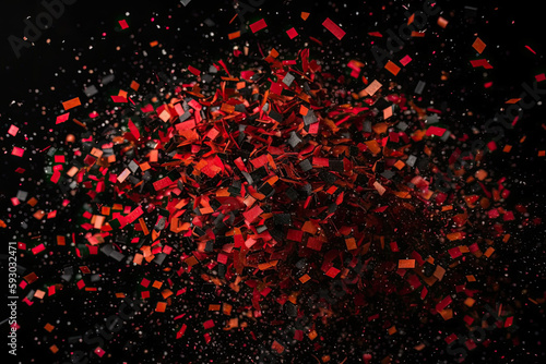 red and black confectional particles floating in the air on a black background with space for your text. Generative AI photo
