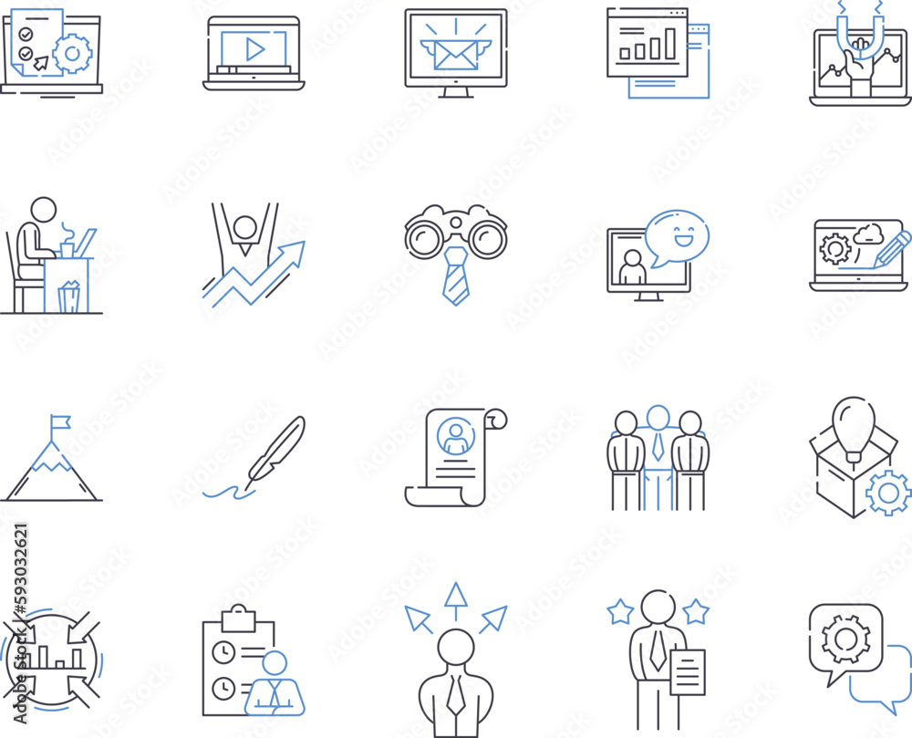 Working management outline icons collection. Workforce, Management, Organizing, Supervising, Directing, Planning, Coordinating vector and illustration concept set. Scheduling, Strategizing