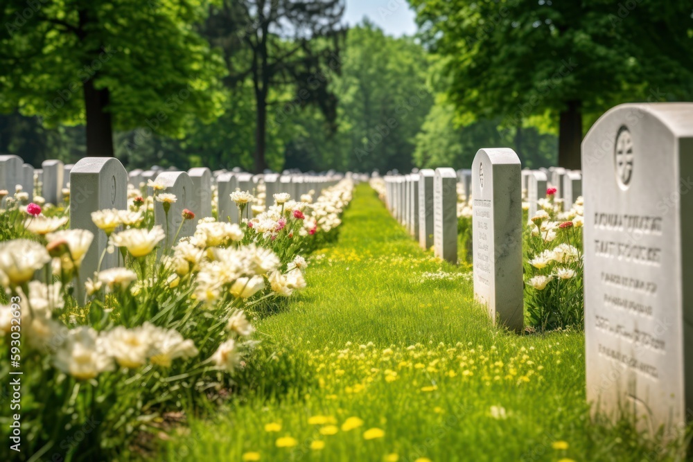 Fototapeta premium On US Memorial Day, people visit military cemeteries to honor fallen heroes, generative AI.