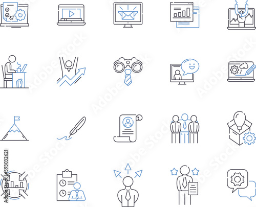 Working management outline icons collection. Workforce, Management, Organizing, Supervising, Directing, Planning, Coordinating vector and illustration concept set. Scheduling, Strategizing