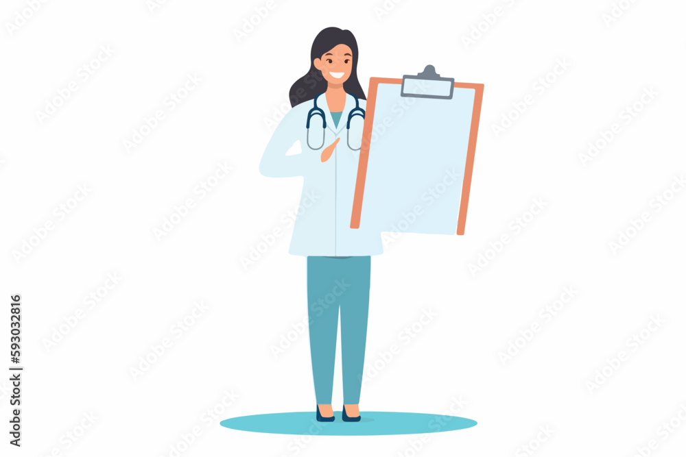 woman doctor holds a medical record and smile on a white background, vector flat illustration, Medical concept, Health сare сoncept woman doctor holds a medical record and smile on a white background, vector flat illustration, Medical concept, Health сare сoncept