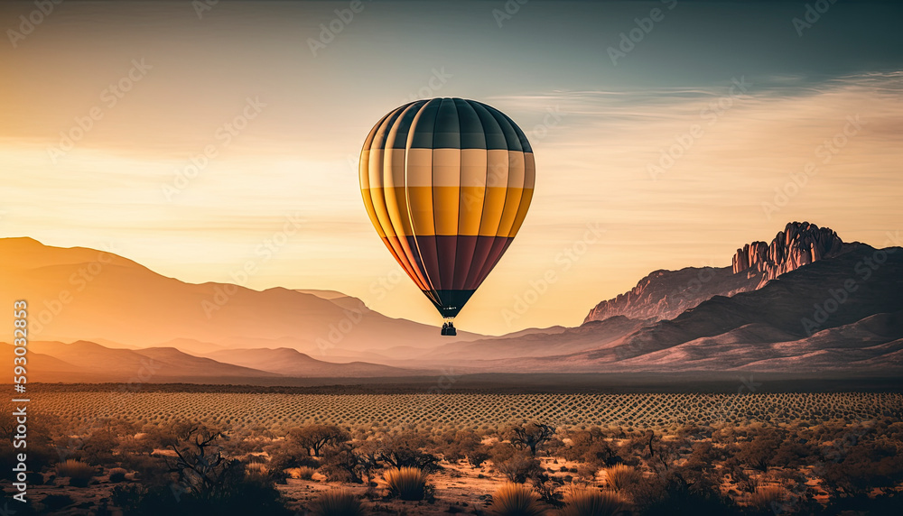 Obraz premium Beautiful Generative AI illustration of hot air balloons flying over an epic wild mountain landscape during sunrise golden hour