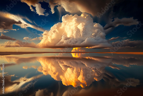 Generative AI illustration dramatic epic landscape of beautiful salt plains with dramatic cloud formations reflected in the low level water photo