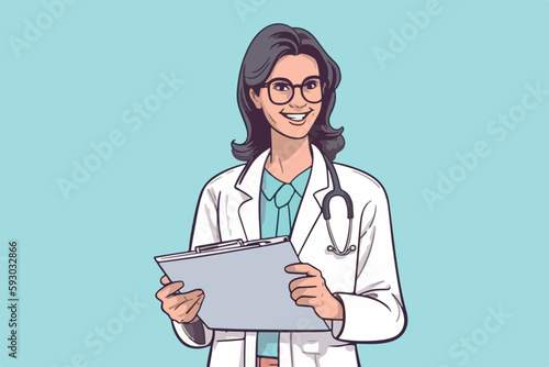 Trendy woman doctor holds a medical record and smile on a light blue background, vector flat illustration, Medical concept, Health сare сoncept