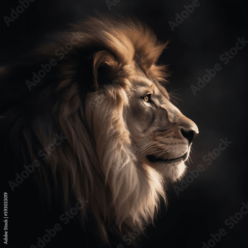 majestic lion in profile, black background
