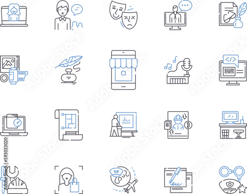 Digitall Freelance outline icons collection. Digital, Freelance, Contractor, Remote, Outsourcing, Gig, Consultant vector and illustration concept set. Part-time, Self-employed, Entrepreneur linear