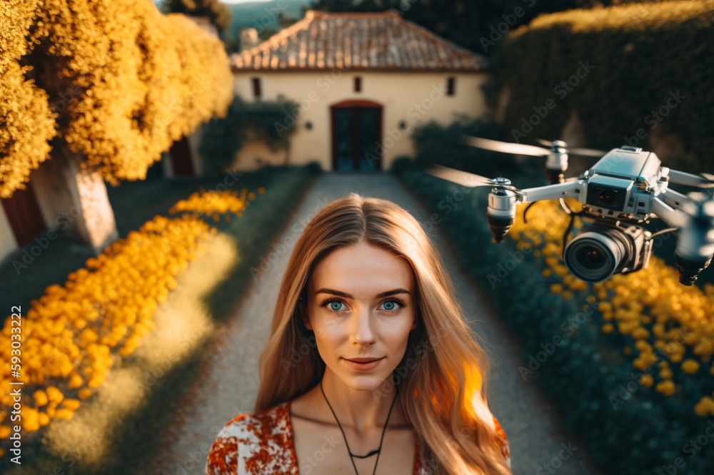 pretty young woman with blue eyes stands next to a drone with camera created with Generative AI technology