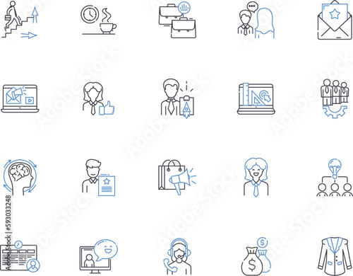 Business ethics outline icons collection. Integrity, Morality, Respect, Responsibility, Honesty, Fairness, Confidentiality vector and illustration concept set. Credibility, Trust, Values linear signs