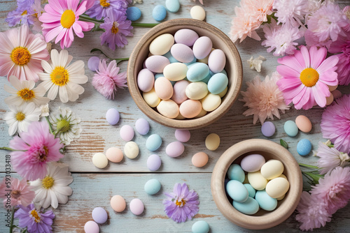 easter eggs in a bowl surrounded by flowers on a blue wooden table with pink and white daies around them. Generative AI