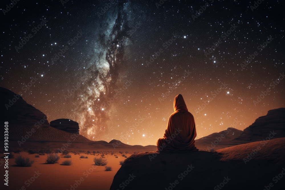 Buddhist monk sitting on a rock and watching the Milky Way