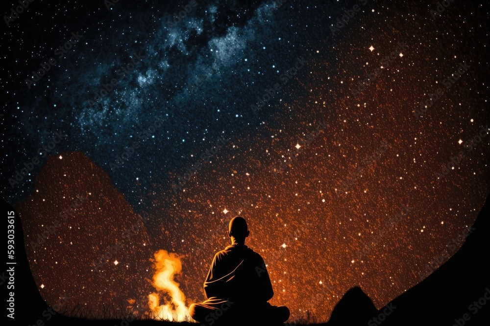 Silhouette of buddhist monk sitting near campfire at night Silhouette of buddhist monk sitting near campfire at night