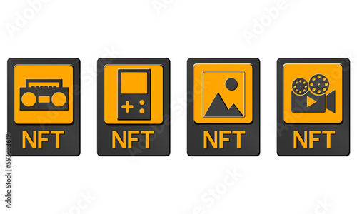 3D NFT token cards in cryptography. NFT cards with game, music, video and art. A non-fungible token with information from the blockchain. ERC20. vector