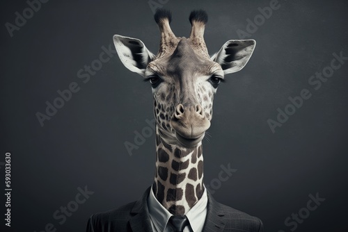 Portrait of a giraffe head in a suit on a dark background
