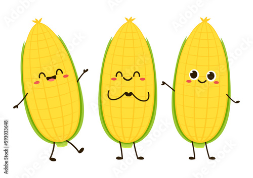Corn cartoon vector. Cute vegetable vector character isolated on white. Corn mascot.