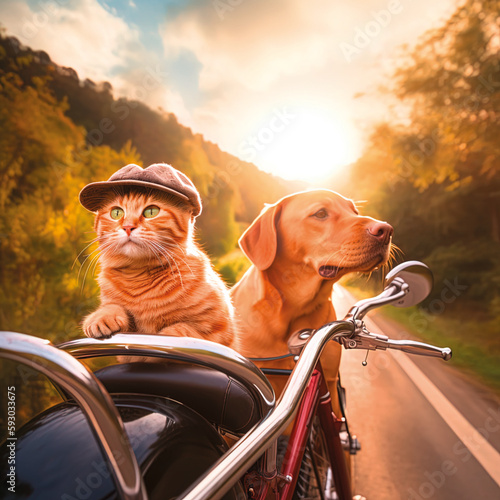 cat and dog riding motorcycle tandem © felix