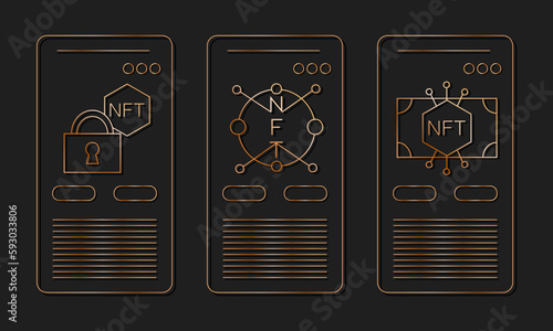 NFT vector icon card. Non-fungible token. Gold on black background. vector