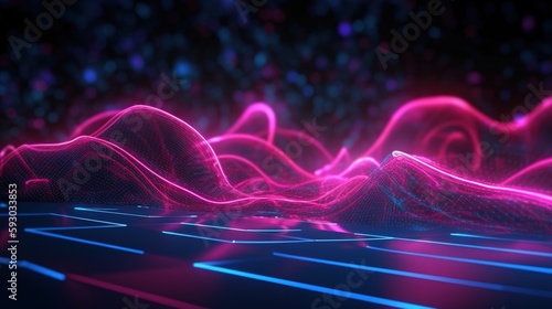 Abstract background with pink and blue glowing neon lines and bokeh lights. Data transfer concept. Web network connection concept. Cyber space. Futuristic wallpaper. Generative AI.