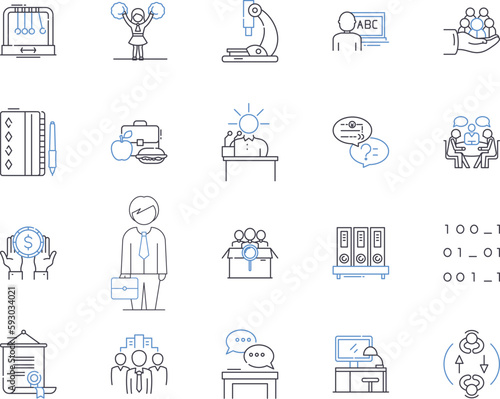 Educational process outline icons collection. Learning, Teaching, Assessing, Training, Studying, Instructing, Educating vector and illustration concept set. Coaching, Exploration, Analysis linear
