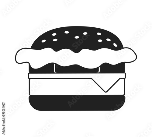 Juicy cheeseburger from fast food restaurant monochromatic flat vector object. Hamburger with cheese. Editable thin line icon on white. Simple bw cartoon spot image for web graphic design, animation