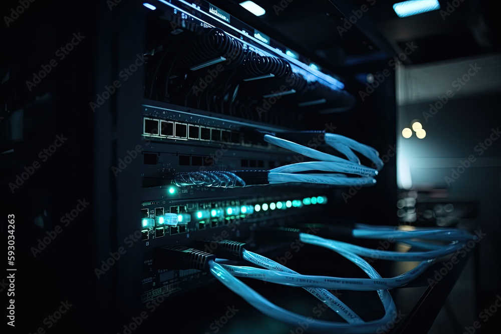 Network cables connected into switches. Ethernet router in data center. Digital information transmission equipment. Created with Generative AI Network cables connected into switches. Ethernet router in data center. Digital information transmission equipment. Created with Generative AI