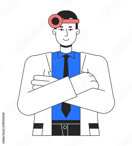 Male medical doctor with head mirror flat line color vector character. Editable simple outline half body person on white. Hospital job cartoon spot illustration for web graphic design and animation