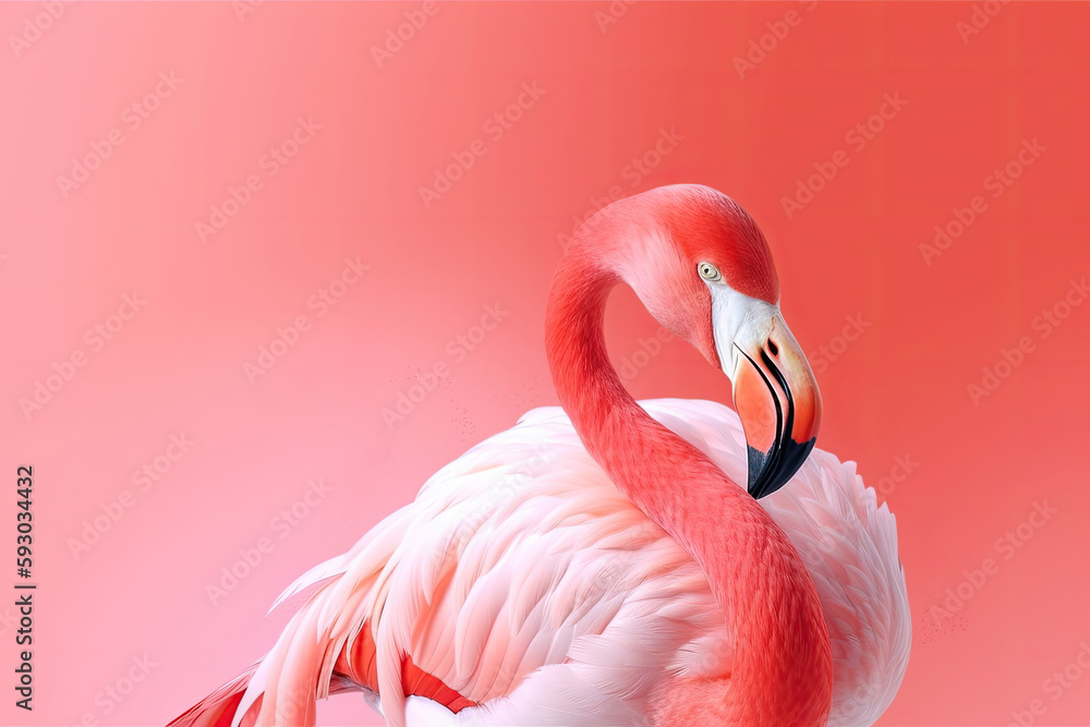 Fototapeta premium Flamingo portrait on pastel colored background. Exotic bird. Creativity banner. Created with Generative AI