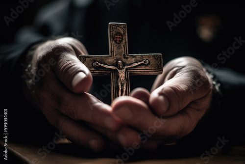 Church priest holds religious cross in hands, close up. Prayer in church. Concept of faith in God. Created with Generative AI