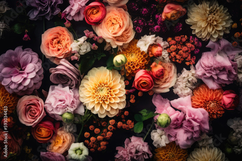 Vintage bouquet of beautiful flowers. Colorful floral background. Flowers composition. Created with Generative AI © Lazy_Bear