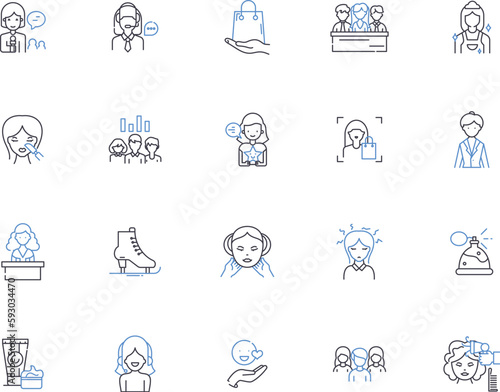 Girl outline icons collection. Girl, Female, Lady, Maiden, Daughter, Chick, Gal vector and illustration concept set. Lass, Miss, Mademoiselle linear signs