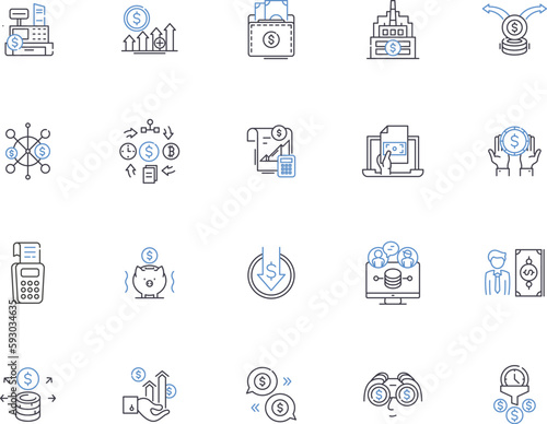 Money outline icons collection. Cash, wealth, funds, coin, currency, income, riches vector and illustration concept set. fortune, capital, pay linear signs