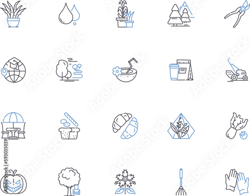 Agriculture outline icons collection. Farming, Cropping, Horticulture, Livestock, Produce, Tillage, Irrigation vector and illustration concept set. Plantation, Harvesting, Pests linear signs