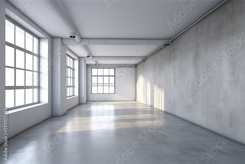 There is an empty room with a gray wall and a concrete floor. Generative AI